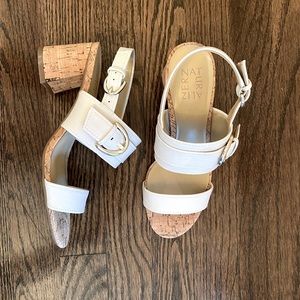 Naturalized two banded sling sandal with cork detail on heel, new, size 6